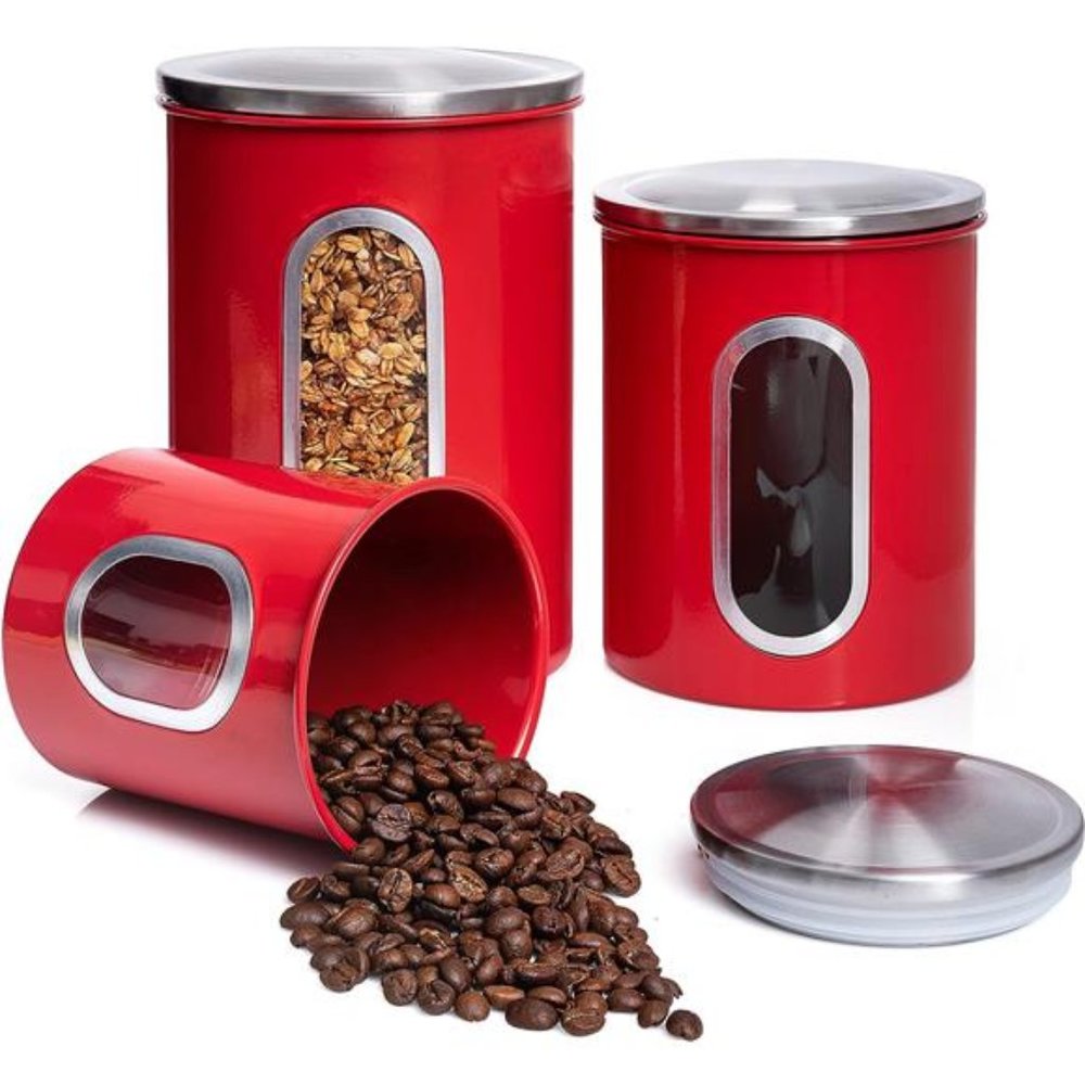 3 Piece Red Canisters Sets For The Kitchen, Kitchen Jars With See Through Window